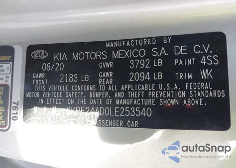 2020 Kia Forte Lxs from USA, damaged, VIN 3KPF24AD0LE253540